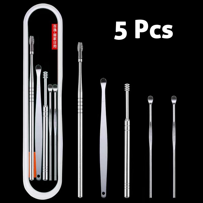 6 Pcs Stainless Steel Earpick Set Ear Vax Remover Double Headed Spiral Cleaning Tools Curette Spoon Care