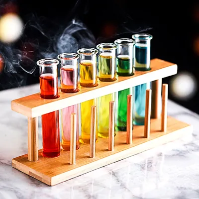 6 Test Tube Shot Glasses with Wooden Rack