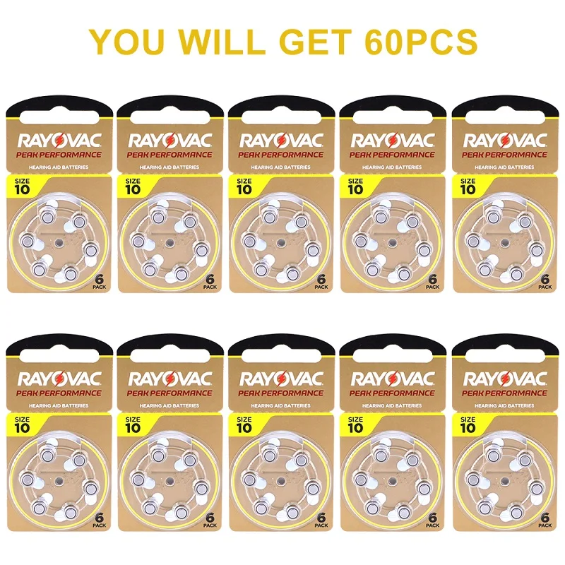 60Pcs Hearing Aid Batteries 10 A10 ZA10 10A P10 PR70 Rayovac Peak High Performance Zinc Air Battery For Mini Digital