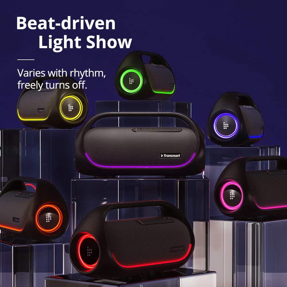60W Bluetooth Speaker with Lossless Hi-Res Audio Heavy Bass App Control Portable Handle for Party