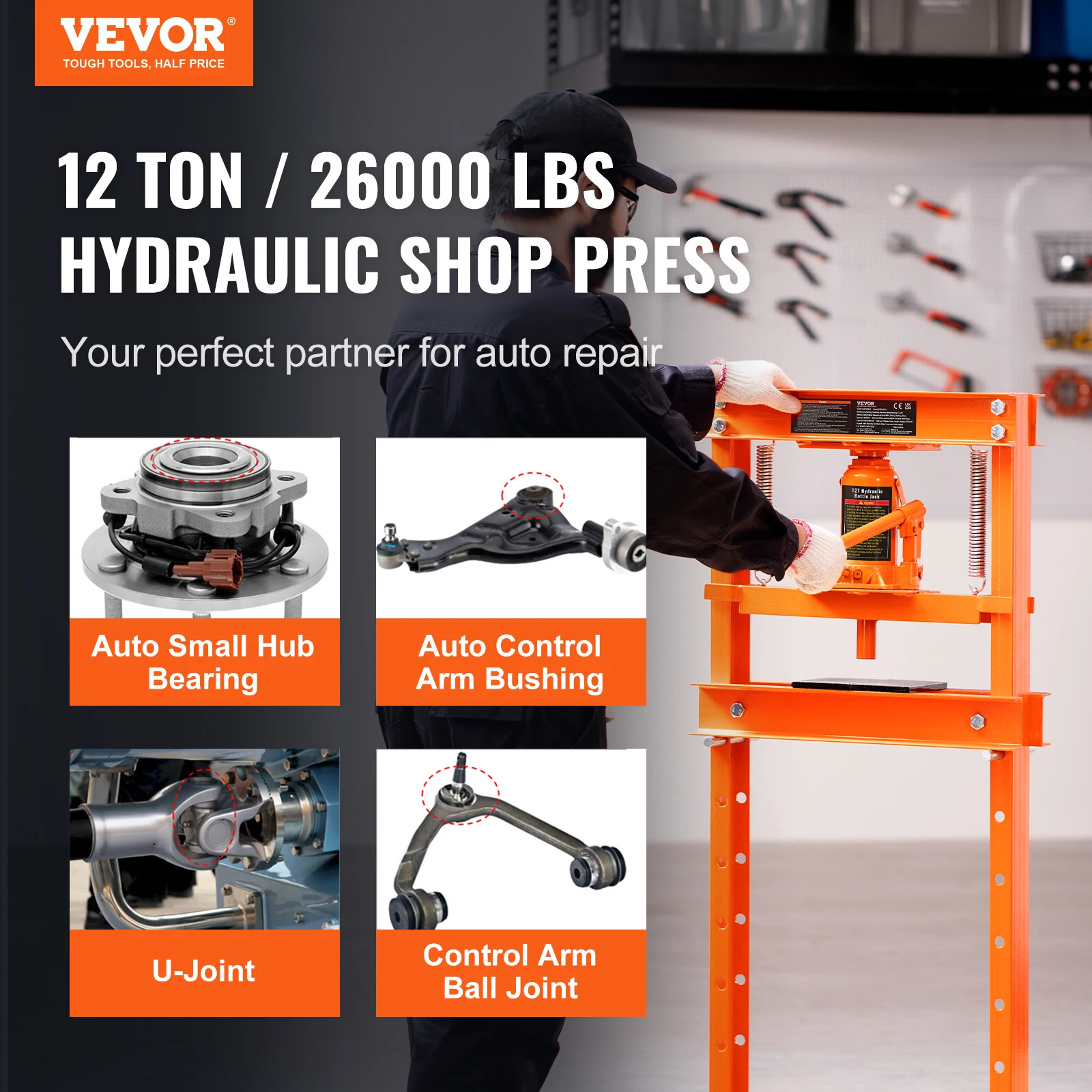6/12 Ton Hydraulic H-Frame Garage Floor Adjustable Shop Press with Plates 6T/12T Orange for Garages or Professional
