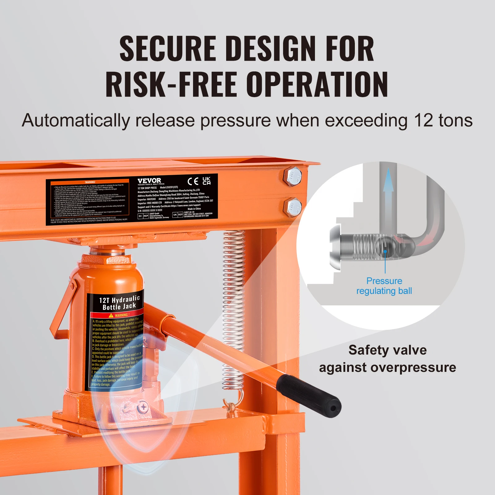 6/12 Ton Hydraulic H-Frame Garage Floor Adjustable Shop Press with Plates 6T/12T Orange for Garages or Professional