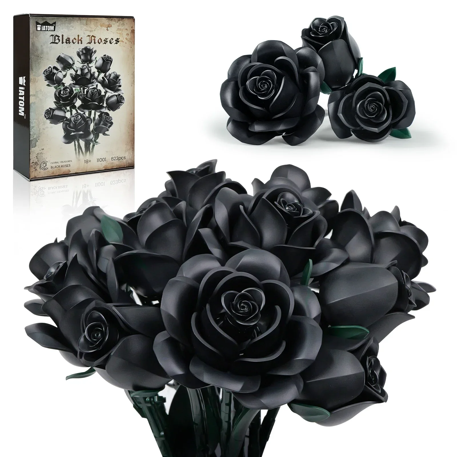 623pcs 12 Black Roses Building Block Set Plant Bouquet High Quality Simulated Roses Flowers Gothic Decoration