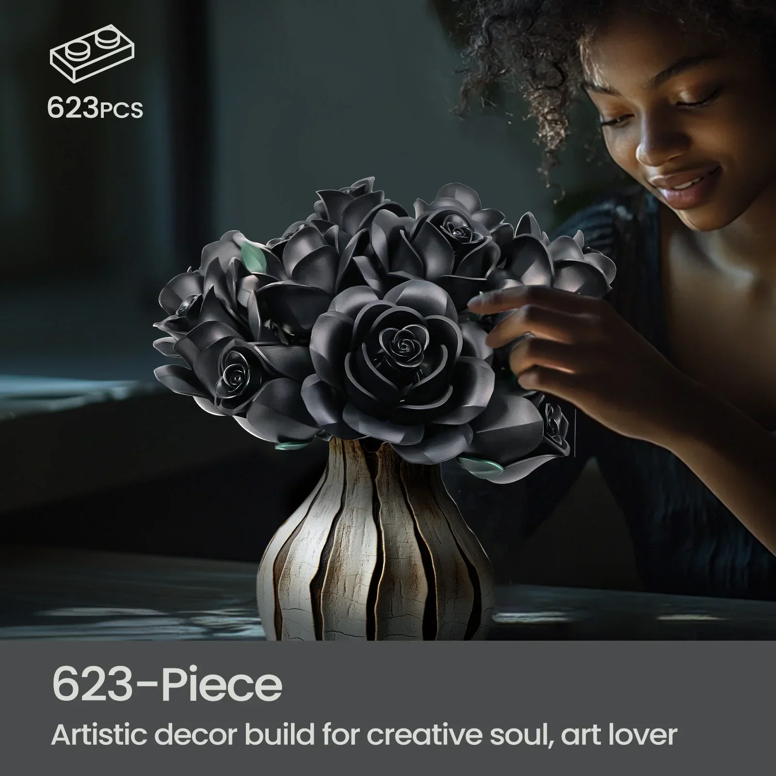 623pcs 12 Black Roses Building Block Set Plant Bouquet High Quality Simulated Roses Flowers Gothic Decoration