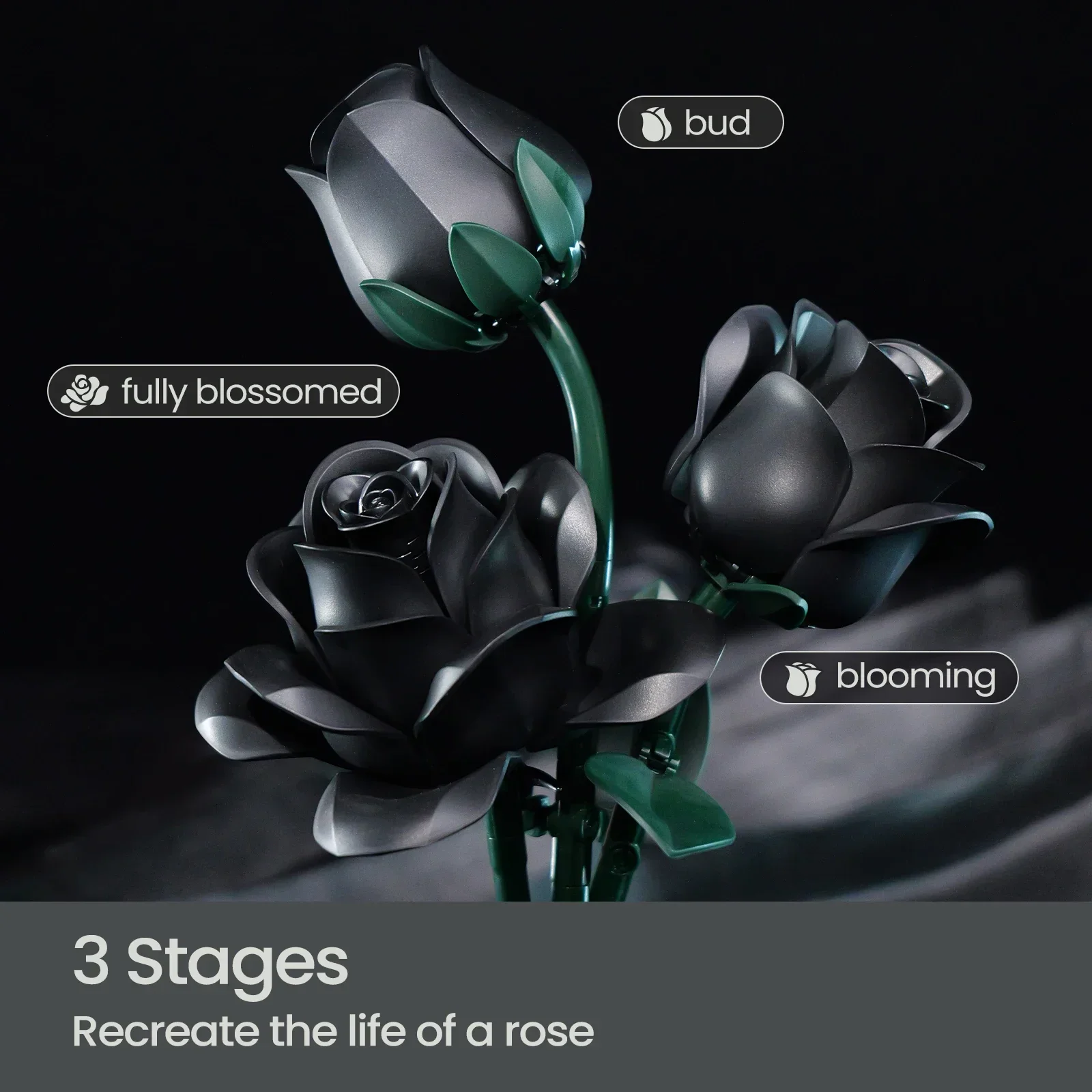 623pcs 12 Black Roses Building Block Set Plant Bouquet High Quality Simulated Roses Flowers Gothic Decoration