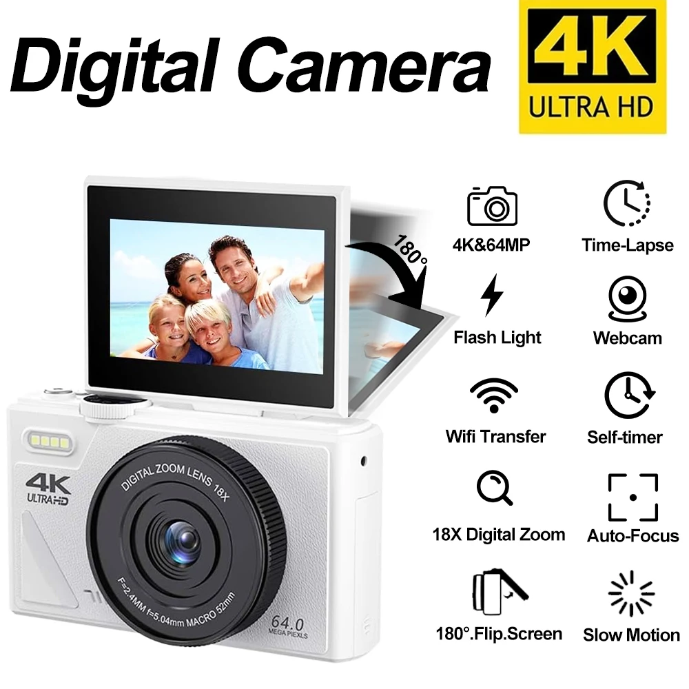 64MP Digital Photography Camera 3.0″ Flip Screen WIFI 18X Digital Zoom 4K Vintage Vlog Video Recorder YouTube Webcam