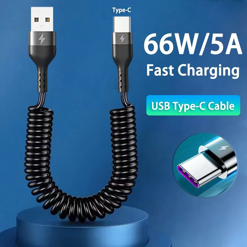 66W 5A Fast Charging Type C Cable Spring Telescopic Car Phone Charger USB Cable For Samsung Xiaomi Redmi USB C Cable 66W 5A Fast Charging Type C Cable Spring Telescopic Car Phone Charger USB Cable For Samsung Xiaomi Redmi USB C Cable