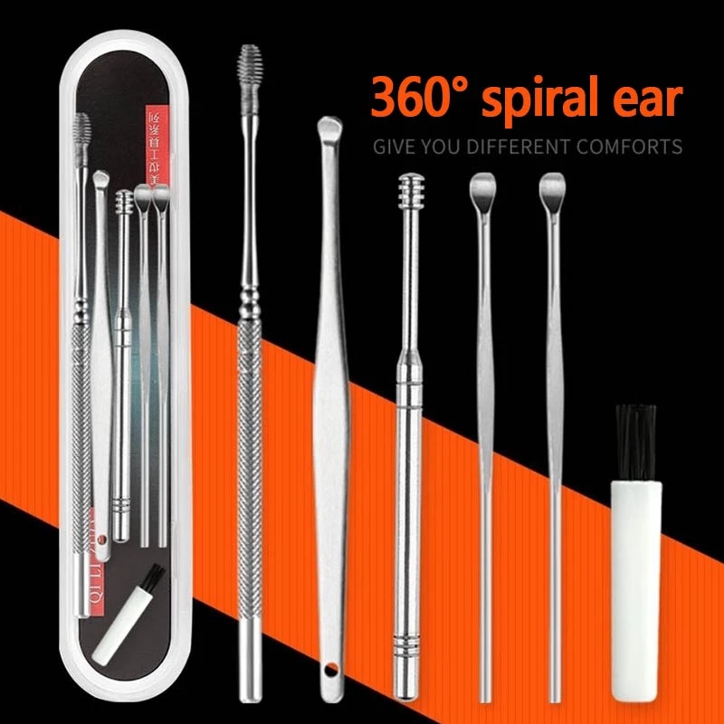 6Pcs Ear Wax Pickers Stainless Steel Earpick Wax Remover piercing kit earwax Curette Spoon Care Ear Clean Toolear