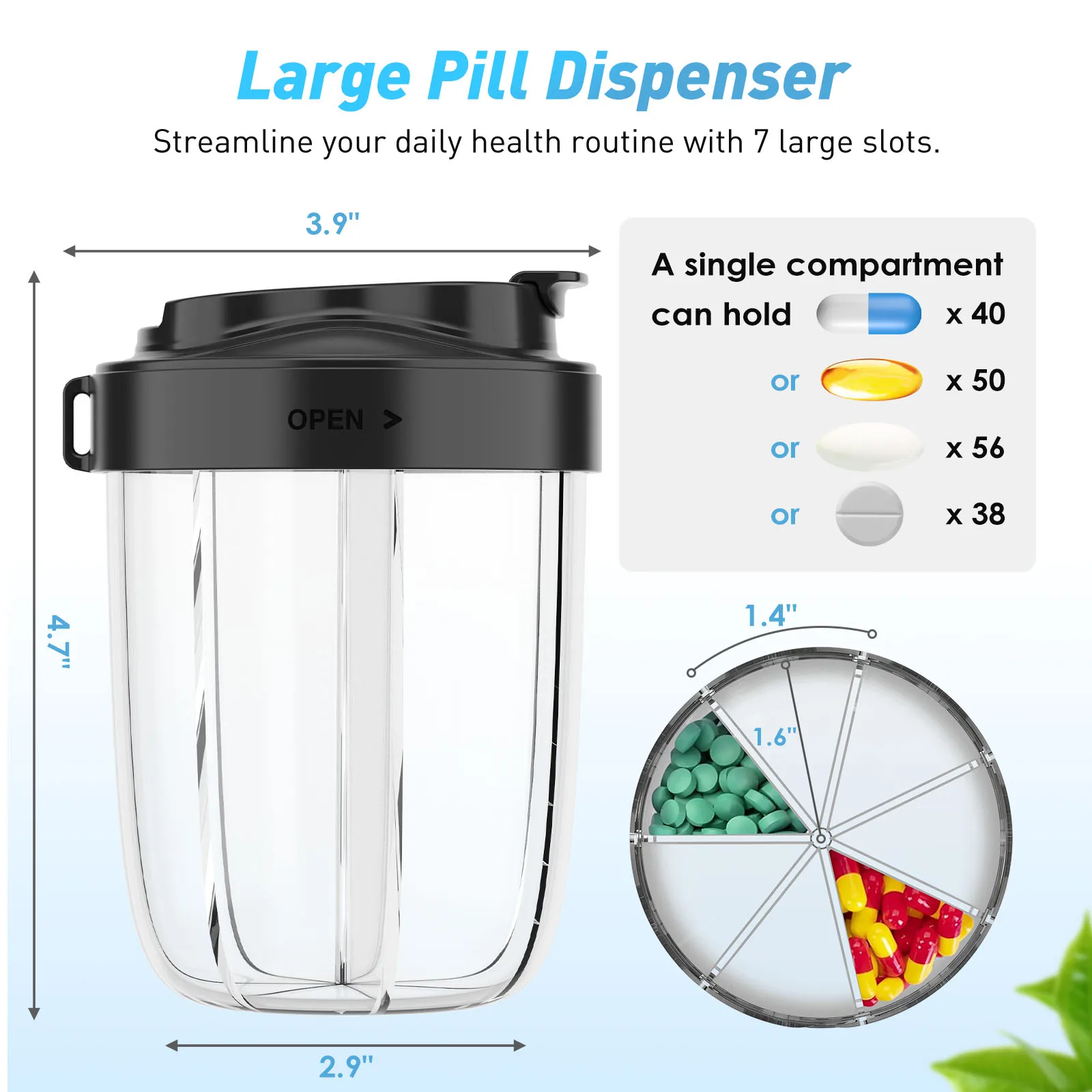 7 Grids Large Pill Cup Bottle Organizer Supplement Organizer for Holding 7 Various Vitamins Travel Pill Case Box Straw