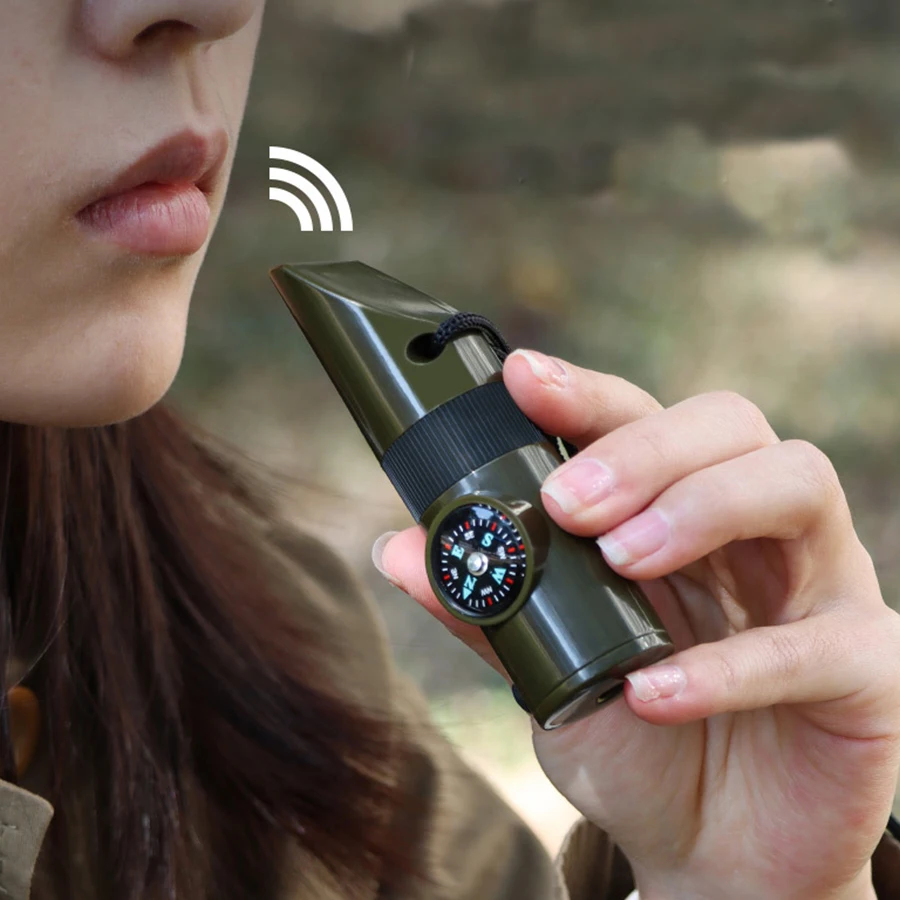 7-in-1 Multi-Function Portable Survival Whistle, High-strength Compass Magnifying Glass Signal Mirror Thermometer