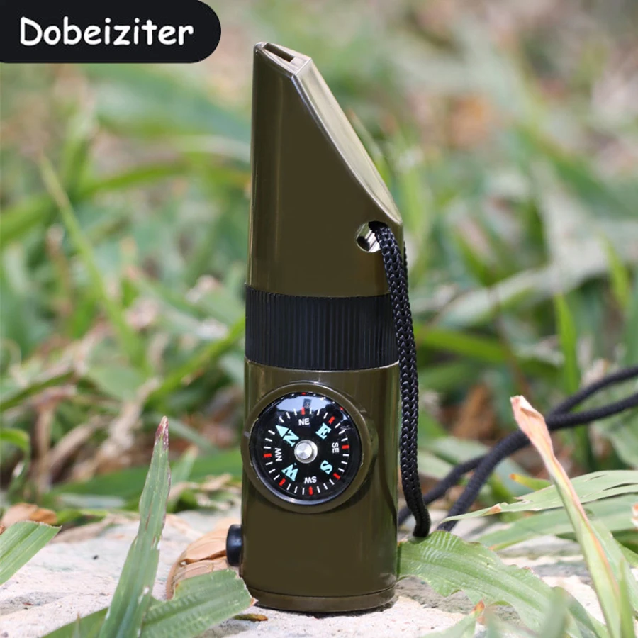 7-in-1 Multi-Function Portable Survival Whistle, High-strength Compass Magnifying Glass Signal Mirror Thermometer