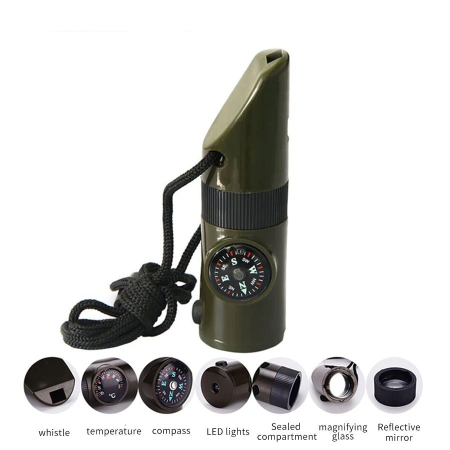 7-in-1 Multi-Function Portable Survival Whistle, High-strength Compass Magnifying Glass Signal Mirror Thermometer