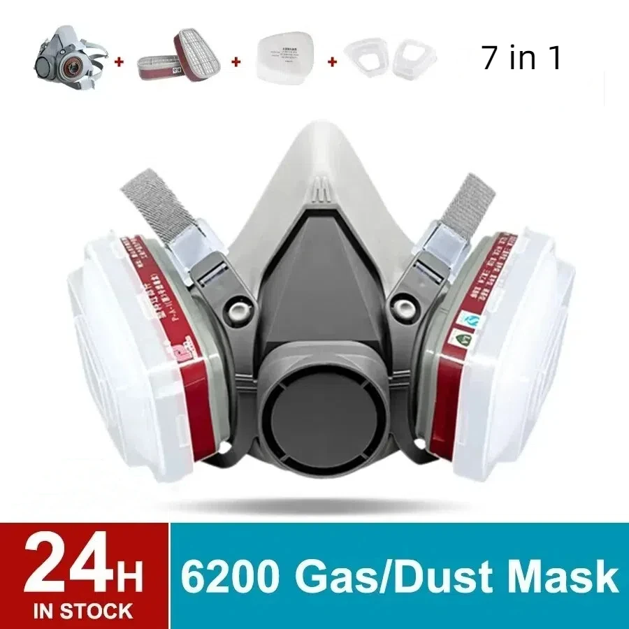 7 in 1 Original 6200 Respirator Reusable Half Face Cover Gas Mask with Cotton Filter Goggles for Painting Spray