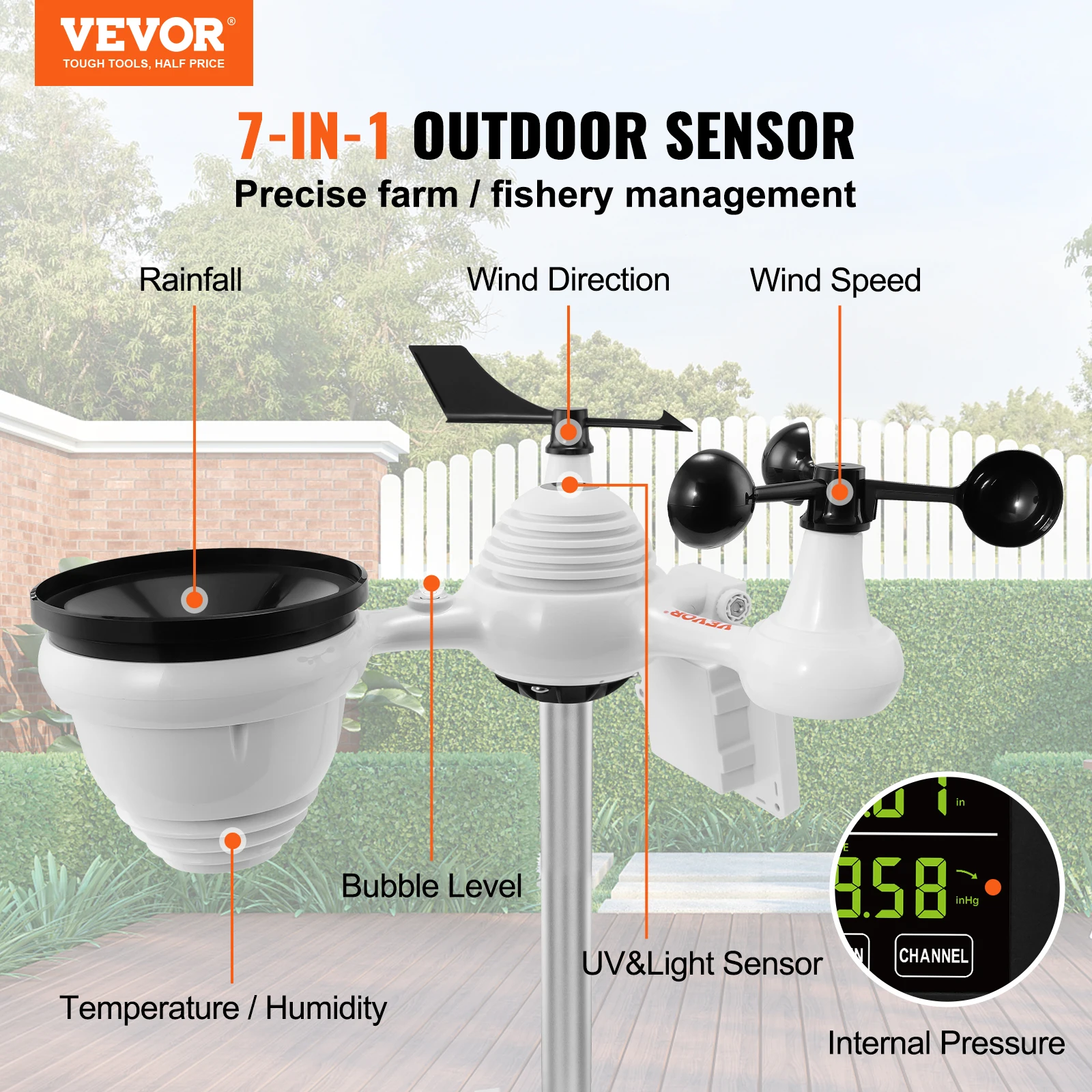 7-in-1 Wi-Fi Weather Station 7.5 in Color Display with Solar Wireless Outdoor Sensor Alarm Alerts for Temperature