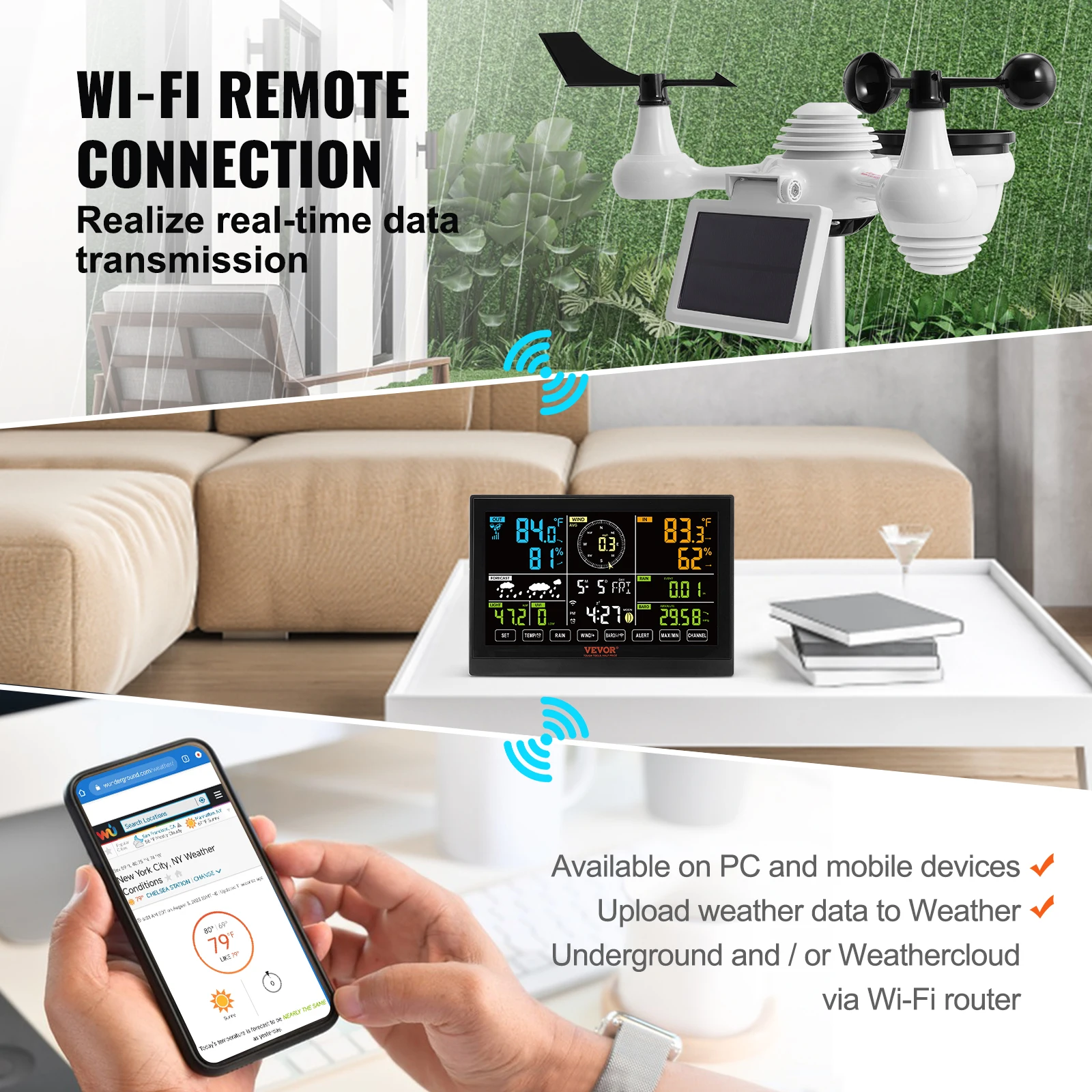 7-in-1 Wi-Fi Weather Station 7.5 in Color Display with Solar Wireless Outdoor Sensor Alarm Alerts for Temperature