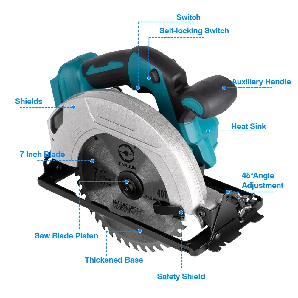 7Inch Brushless Electric Circular Saw Adjustable Angle With 3 Blade Cordless Multifunctional Cutting Tool For Makita