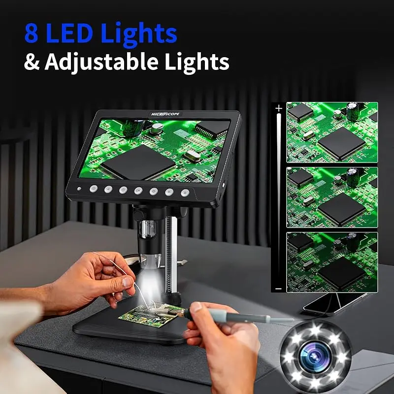 7Inch IPS Digital Coin Microscope 5MP 1200X Ultra-Precise Focusing Camera 1080P Video Microscope 8 LED Lights for Coin