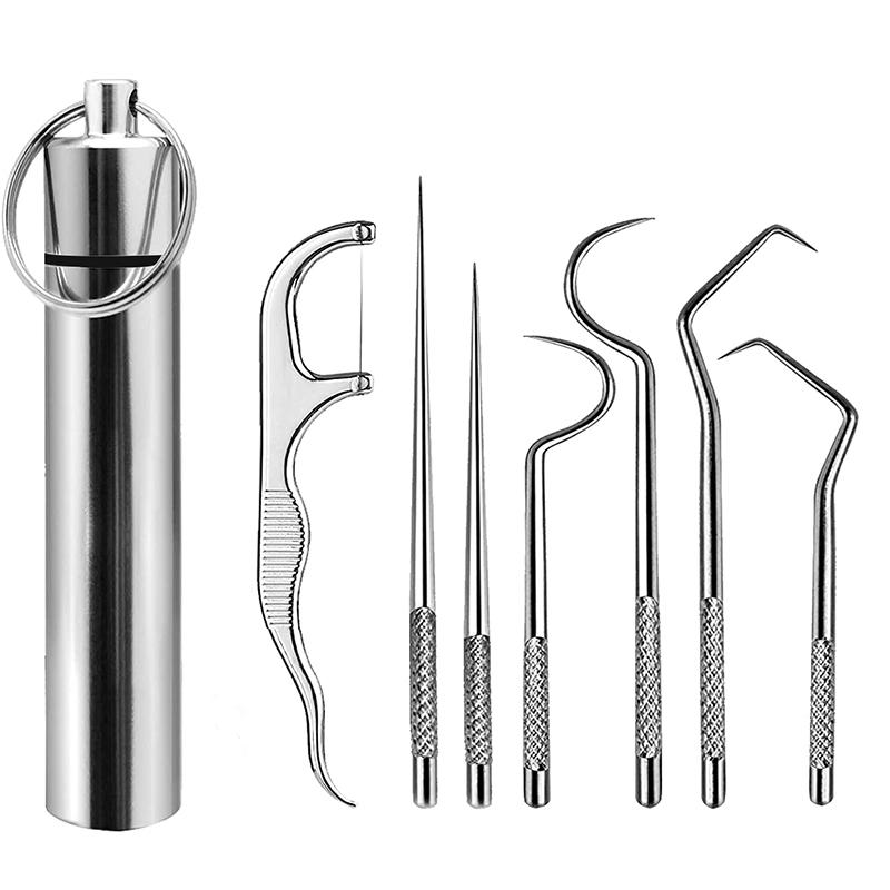 7pcs Stainless Steel Toothpick Set Tooth Flossing Reusable Toothpicks Portable Toothpick Floss Teeth Cleaner Oral