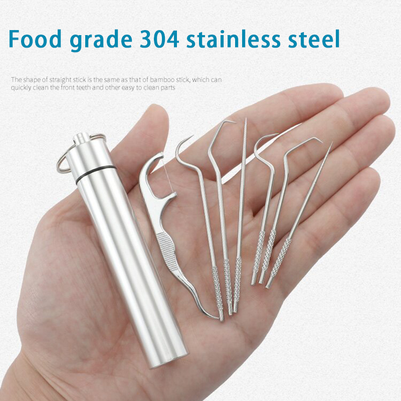 7pcs Stainless Steel Toothpick Set Tooth Flossing Reusable Toothpicks Portable Toothpick Floss Teeth Cleaner Oral 7pcs Stainless Steel Toothpick Set Tooth Flossing Reusable Toothpicks Portable Toothpick Floss Teeth Cleaner Oral