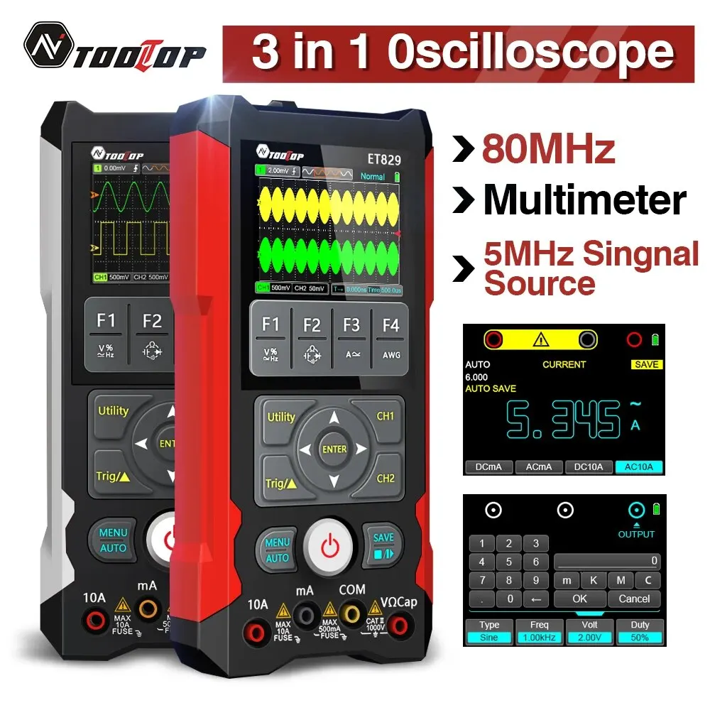 80MHz Oscilloscope 2 Channel True RMS Multimeter Adjustable Signal Generator 3 in 1 for Car Electrical Repair 80MHz Oscilloscope 2 Channel True RMS Multimeter Adjustable Signal Generator 3 in 1 for Car Electrical Repair