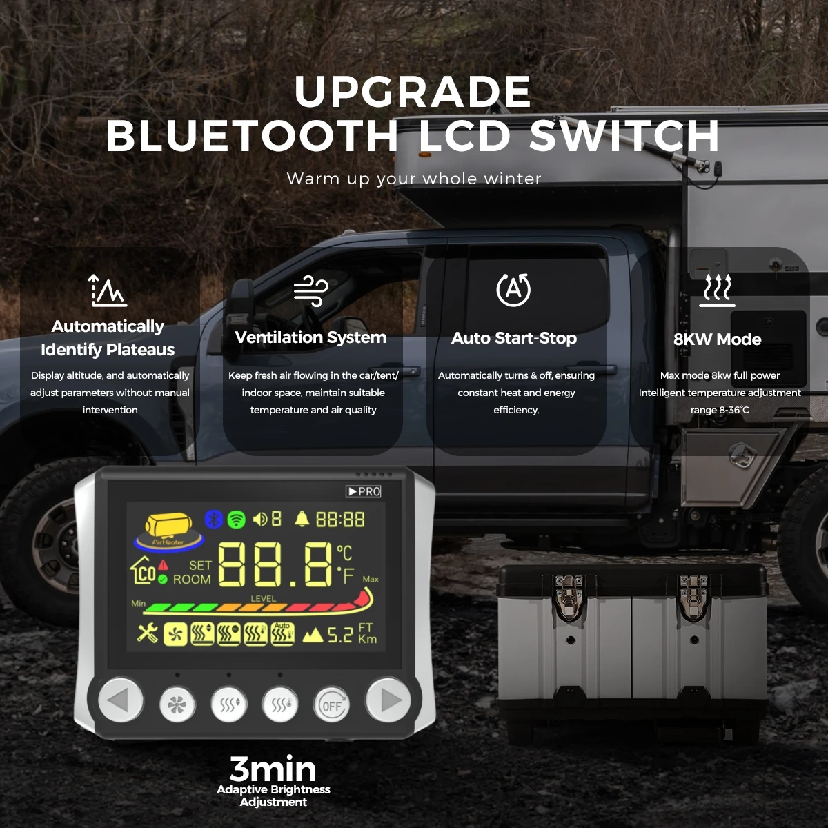 8KW 12V/24V/230V Diesel Air Heater LCD and Bluetooth APP w/ Auto Start-Stop Adaptive Plateau Parking Heater For Car RV