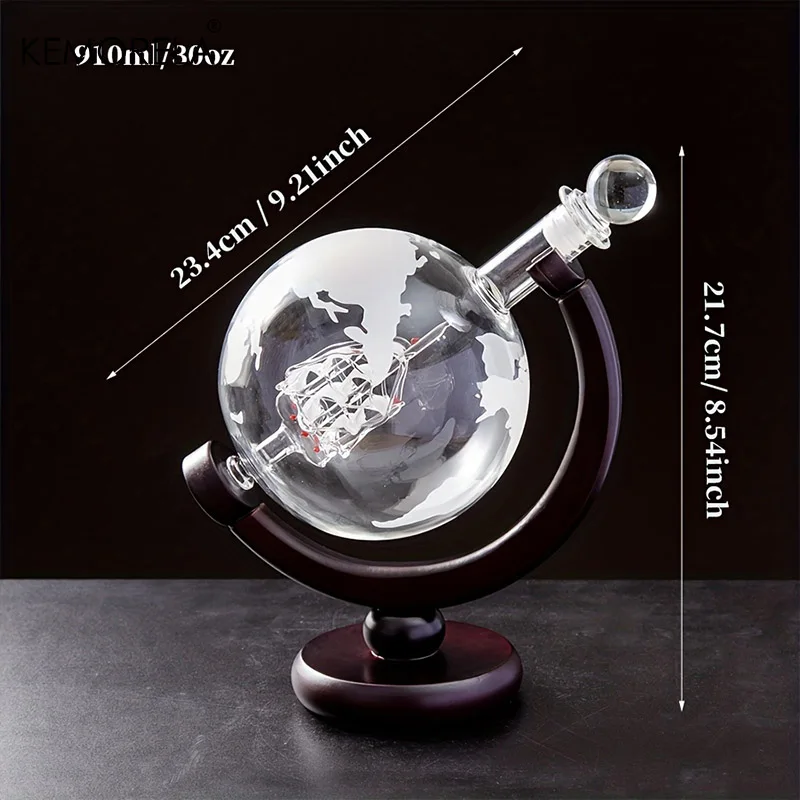 900ML Creative Globe Decanter Set with Lead-free Carafe Exquisite Wood-stand and 2 Glasses Whiskey Decanter Globe Grade
