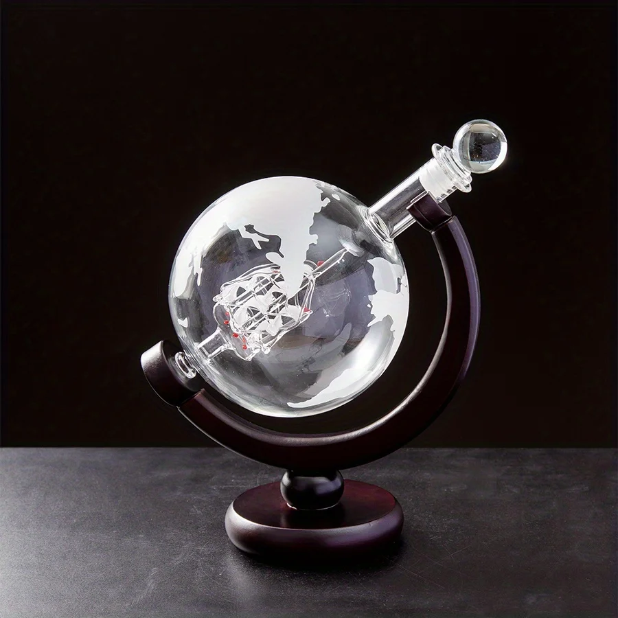 900ML Creative Globe Decanter Set with Lead-free Carafe Exquisite Wood-stand and 2 Glasses Whiskey Decanter Globe Grade