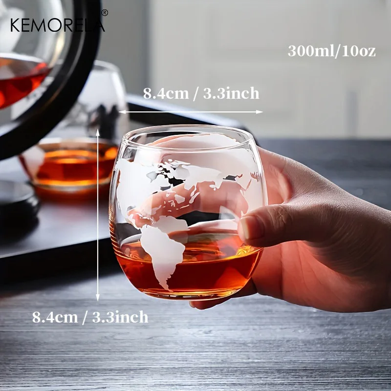 900ML Creative Globe Decanter Set with Lead-free Carafe Exquisite Wood-stand and 2 Glasses Whiskey Decanter Globe Grade