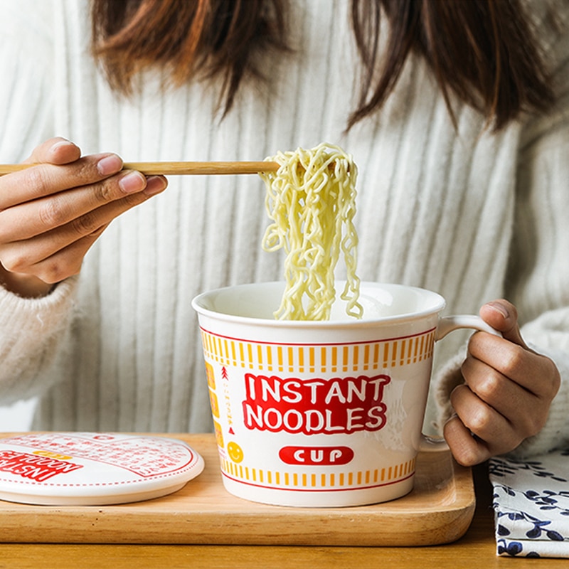 960ml Ceramic Instant Noodle Bowl with Handle and Chopsticks