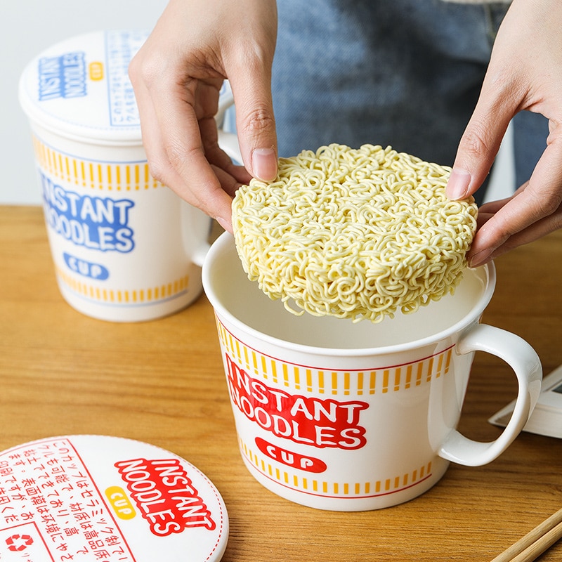 960ml Ceramic Instant Noodle Bowl with Handle and Chopsticks