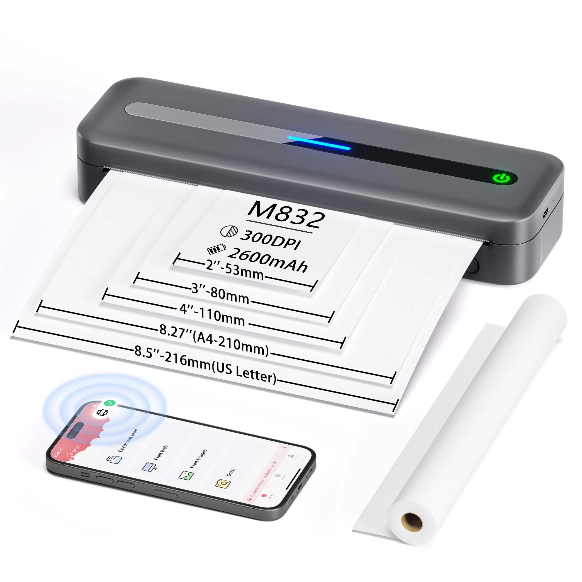 A4 Portable Printer Wireless M832 for Travel Work Home Inkless Thermal 300DPI US-letter Mobile Printer Support Android A4 Portable Printer Wireless M832 for Travel Work Home Inkless Thermal 300DPI US-letter Mobile Printer Support Android