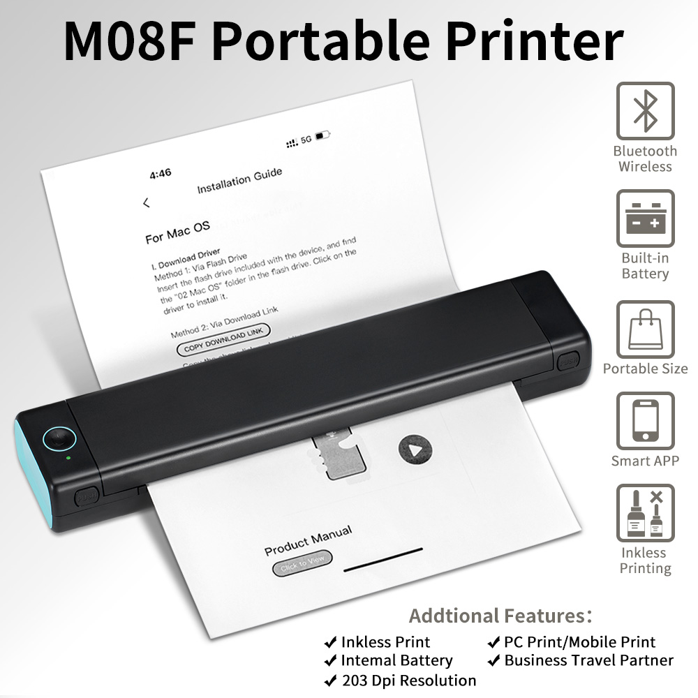 A4 Portable Thermal Printer Supports 8.26″x11.69″ A4 Thermal Paper,Wireless Mobile Travel Printers for Car and Office
