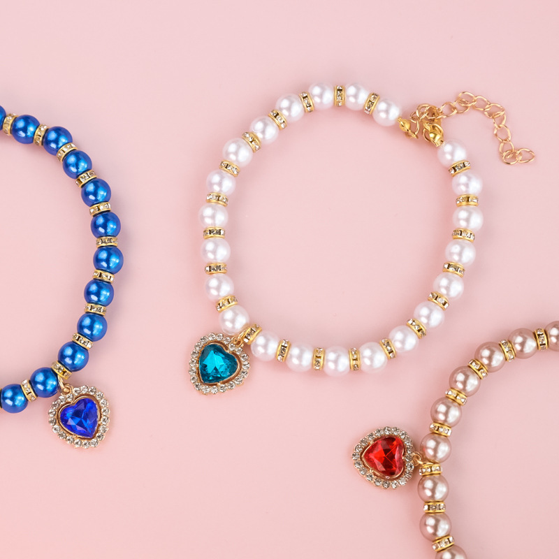 Adjustable Cat Pearl Collar with Rhinestones