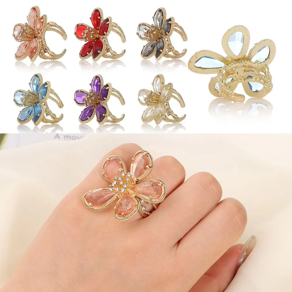 Adjustable Rhinestone Big Flower Ring