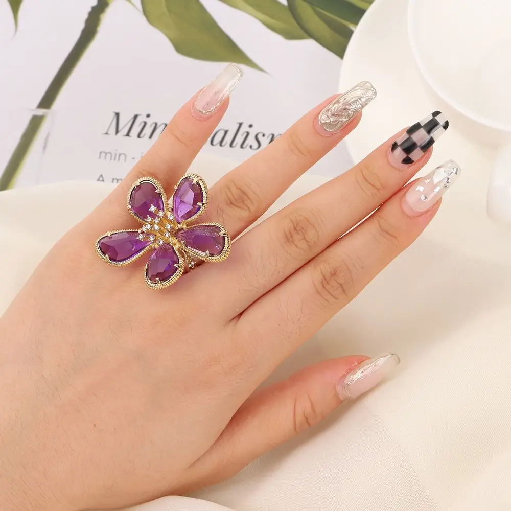 Adjustable Rhinestone Big Flower Ring