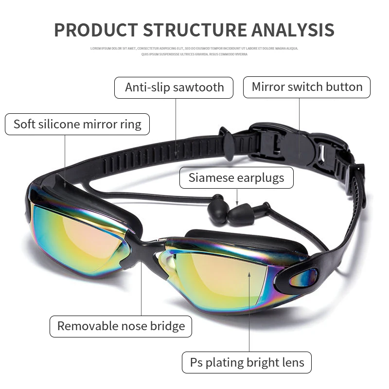 Adults Antifog Professional Swimming Goggles Black Swimming Glasses with Earplugs Nose Clip Electroplate Silicone Swim Adults Antifog Professional Swimming Goggles Black Swimming Glasses with Earplugs Nose Clip Electroplate Silicone Swim