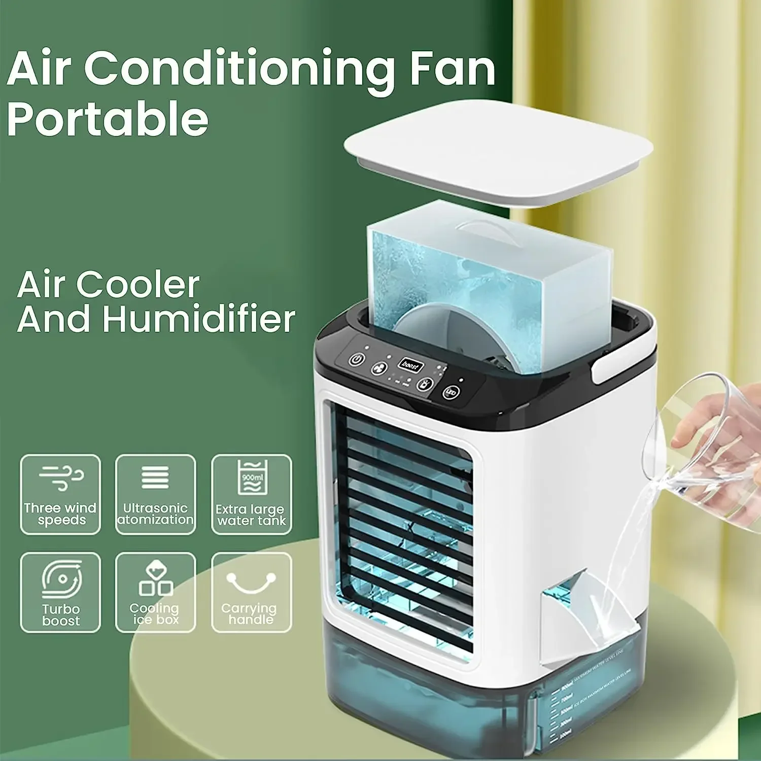 Air Conditioner Portable Fan Desktop Dual Spray Ultrasonic Atomization 3-Speed Mute Air Cooler Night Light Electric Fan