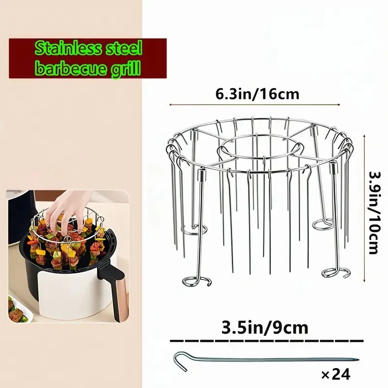 Air Fryer Grill Set: 304 Steel Vertical Grill + 24 Skewers. Grill kabobs evenly indoors/outdoors. Fits 3-6QT models. Air Fryer Grill Set: 304 Steel Vertical Grill + 24 Skewers. Grill kabobs evenly indoors/outdoors. Fits 3-6QT models.