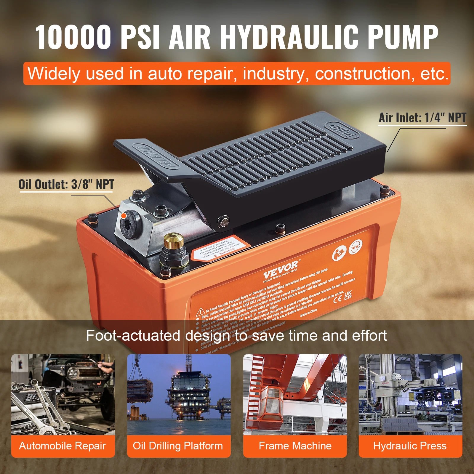 Air Hydraulic Pump 10,000 PSI 1/2 Gal Reservoir Foot Actuated Air Treadle for Auto Body Frame Machines and Pulling Post