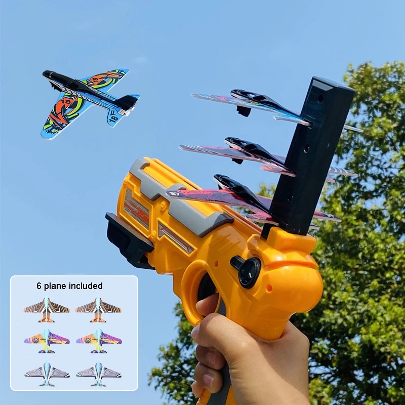 Airplane Launcher Gun With 6 Small Plane Toy Funny Airplane Toys for Kids Plane Catapult Gun Shooting Game Gift