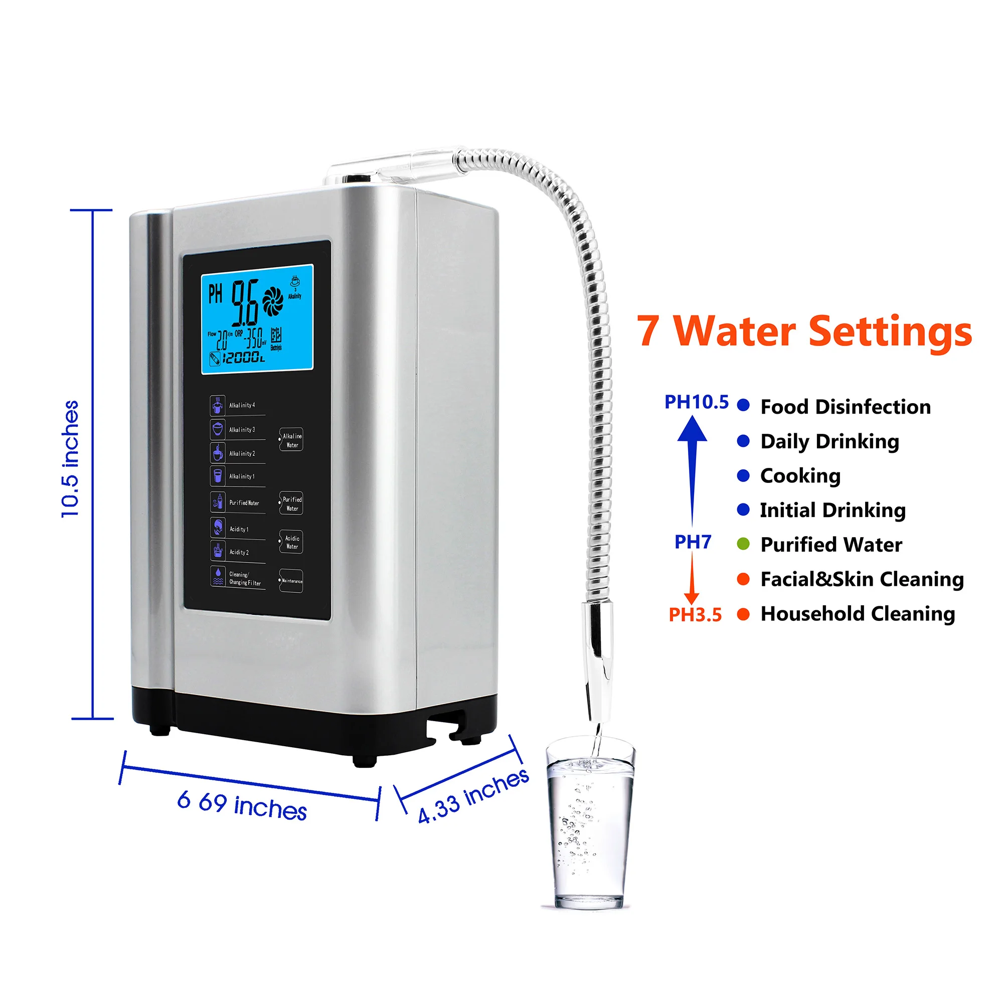 Alkaline Water Ionizer Hydrogen Generator Machine Purifier Produces PH 3.5-10.5 Alkaline Acid Water Water Filter System