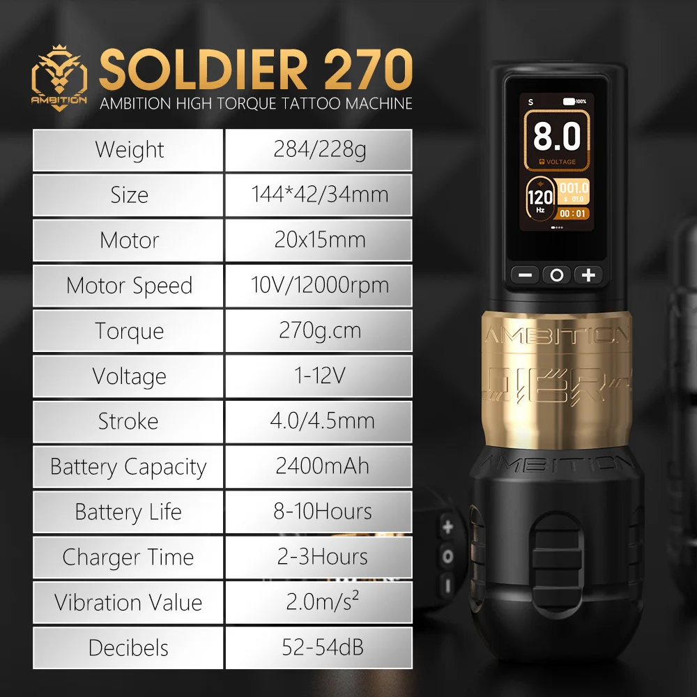 Ambition Soldier270 Wireless Tattoo Machine 4.0-4.5mm Stroke Brushless Motor Pen Professional 2400mAh Battery Grip Ambition Soldier270 Wireless Tattoo Machine 4.0-4.5mm Stroke Brushless Motor Pen Professional 2400mAh Battery Grip