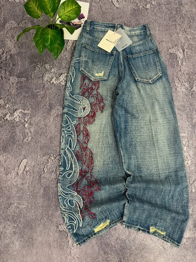 American New Pattern Embroidery Baggy Jeans Men High Street Vintage Hip Hop Fashion Casual Joker Couple Wide-leg Pants American New Pattern Embroidery Baggy Jeans Men High Street Vintage Hip Hop Fashion Casual Joker Couple Wide-leg Pants
