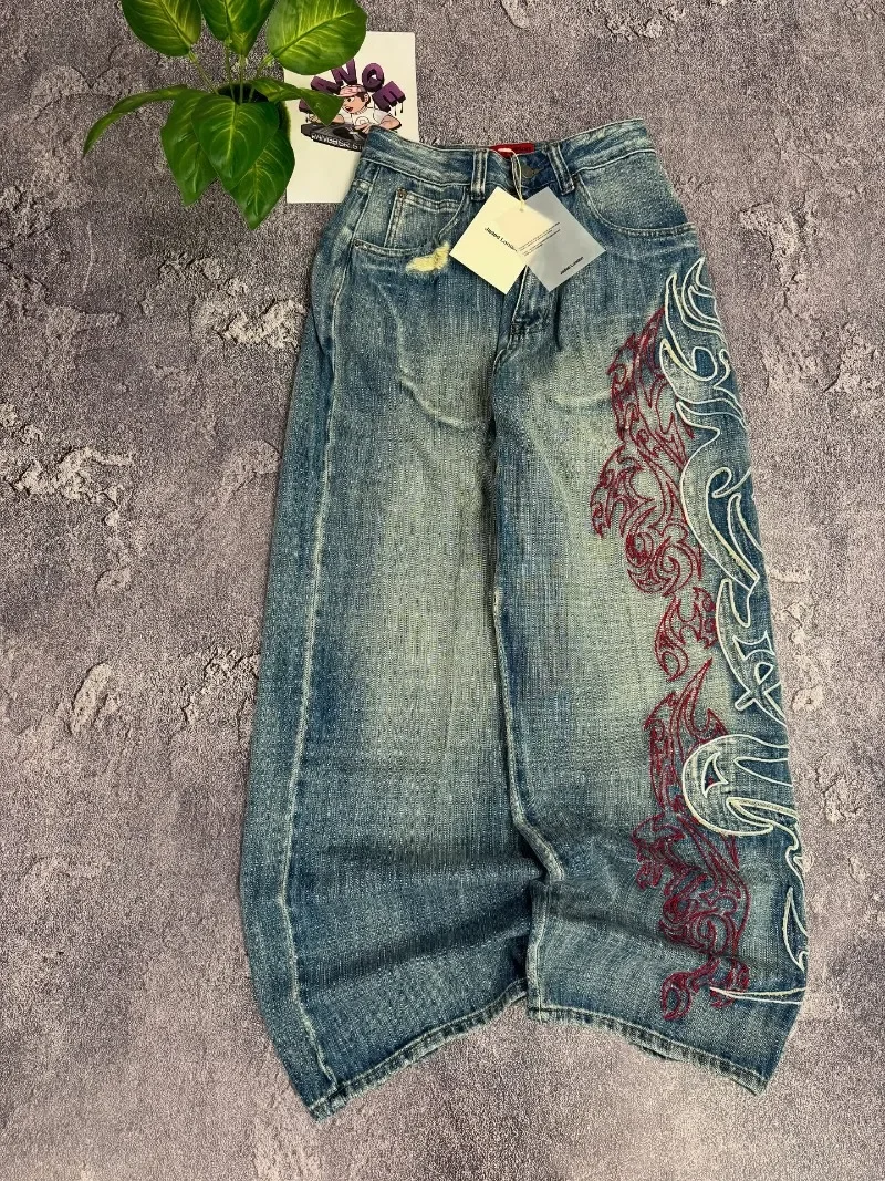 American New Pattern Embroidery Baggy Jeans Men High Street Vintage Hip Hop Fashion Casual Joker Couple Wide-leg Pants American New Pattern Embroidery Baggy Jeans Men High Street Vintage Hip Hop Fashion Casual Joker Couple Wide-leg Pants