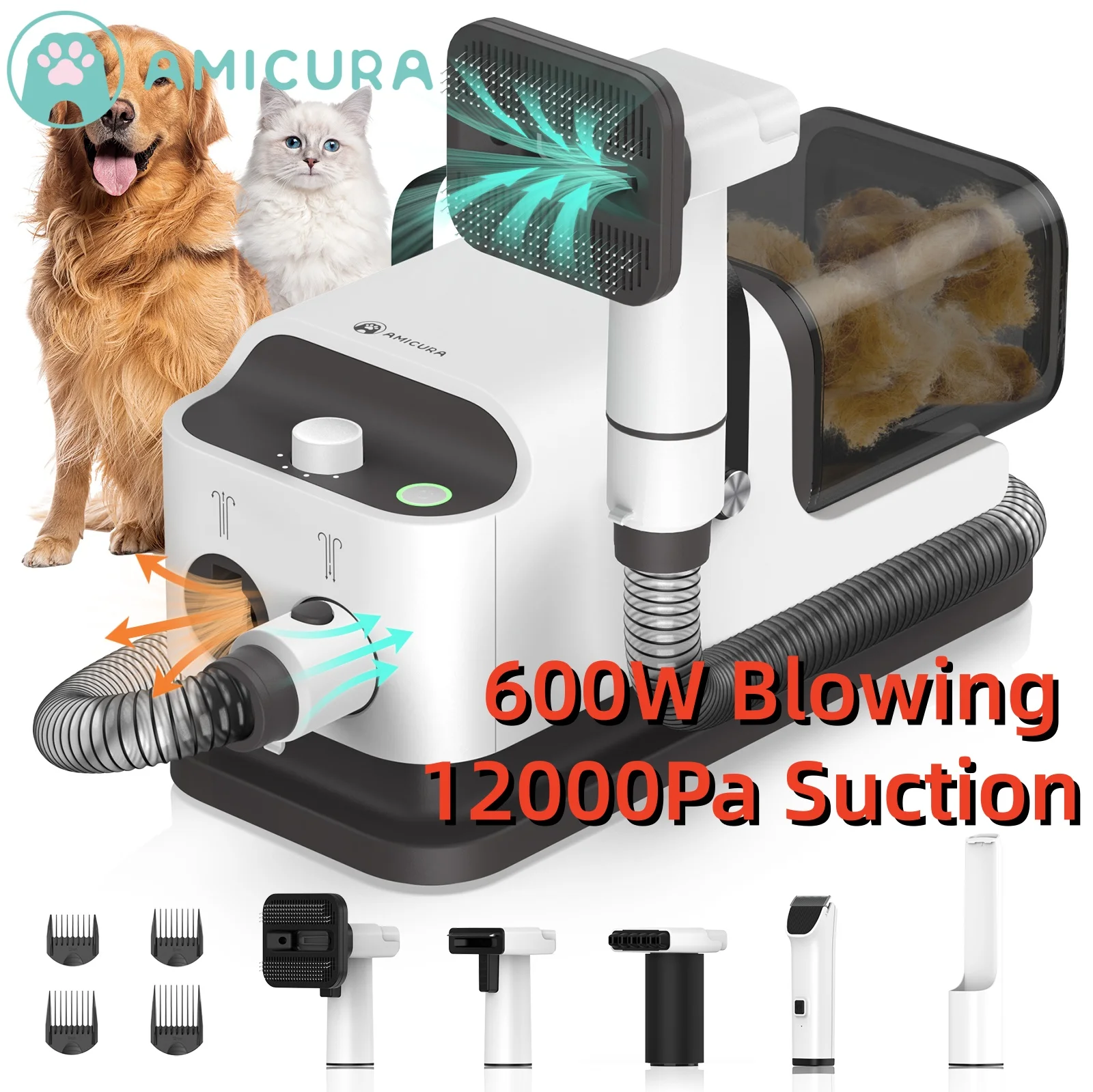 Amicura P1 Vacuum Cleaner and Hair Dryer 15kpa, Pet Grooming Set Adjustable Speed and Temperature, 5 Proven Care Tools