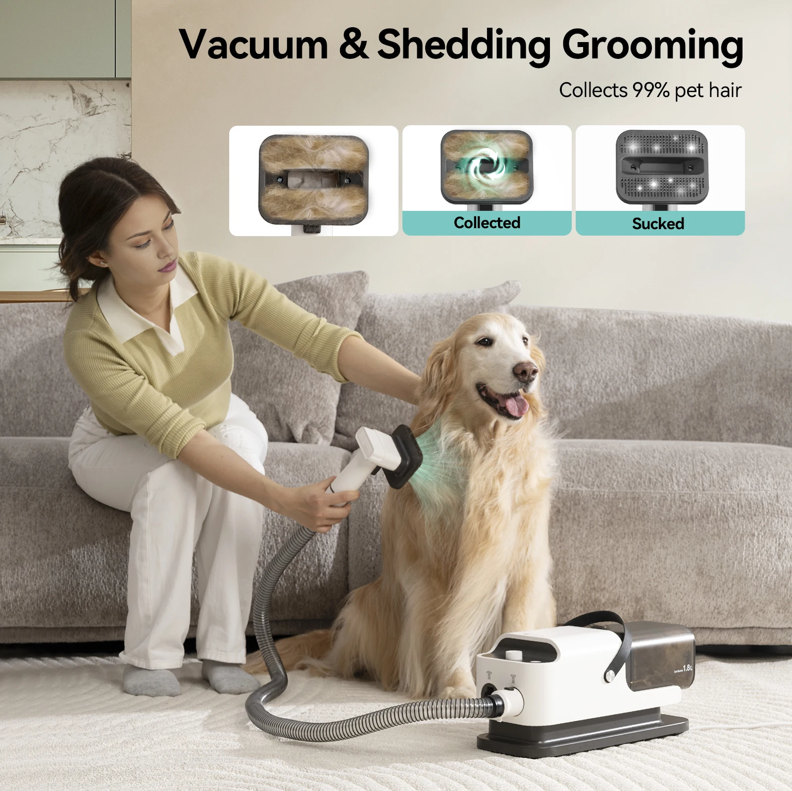 Amicura P1 Vacuum Cleaner and Hair Dryer 15kpa, Pet Grooming Set Adjustable Speed and Temperature, 5 Proven Care Tools