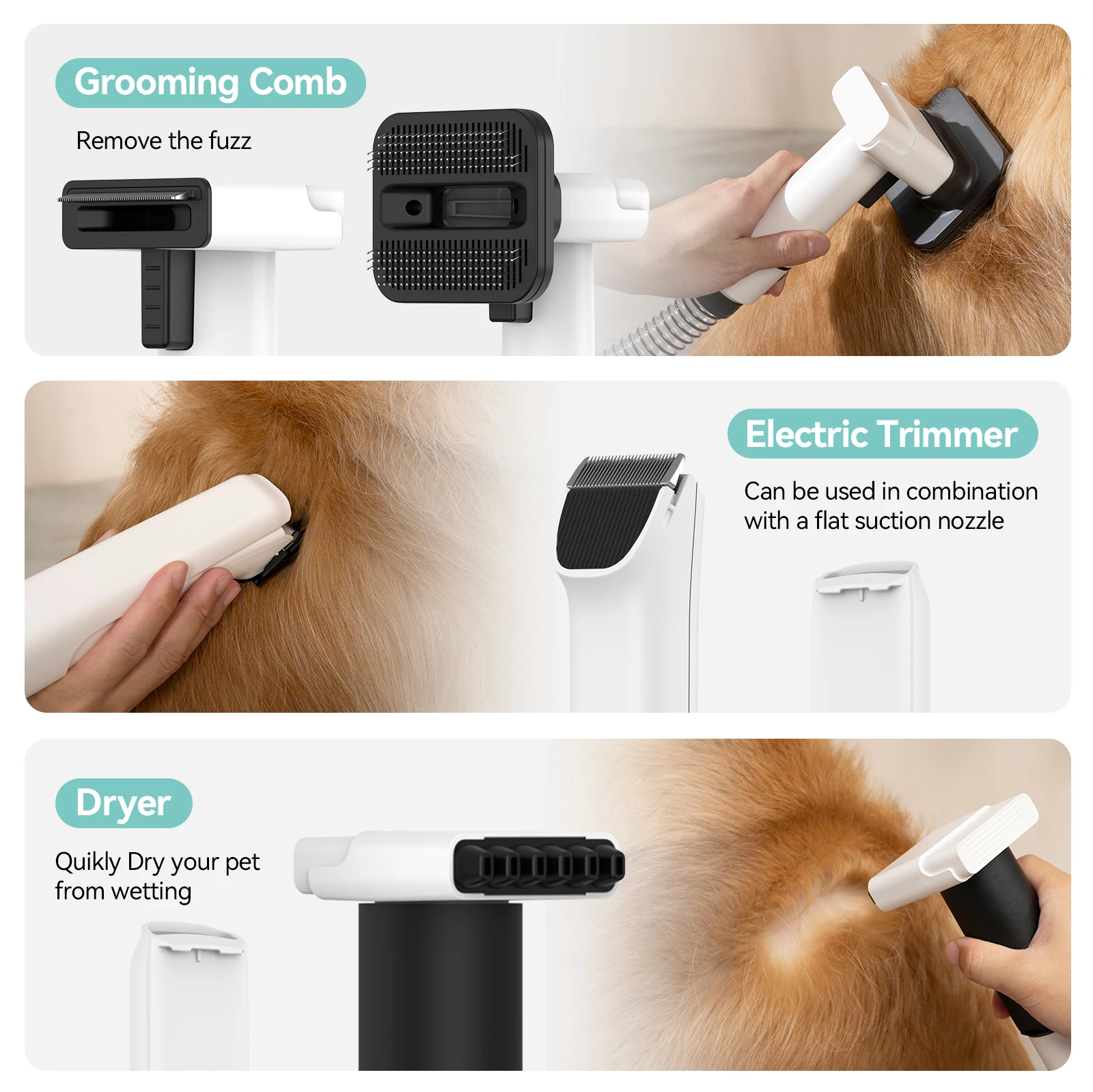 Amicura P1 Vacuum Cleaner and Hair Dryer 15kpa, Pet Grooming Set Adjustable Speed and Temperature, 5 Proven Care Tools