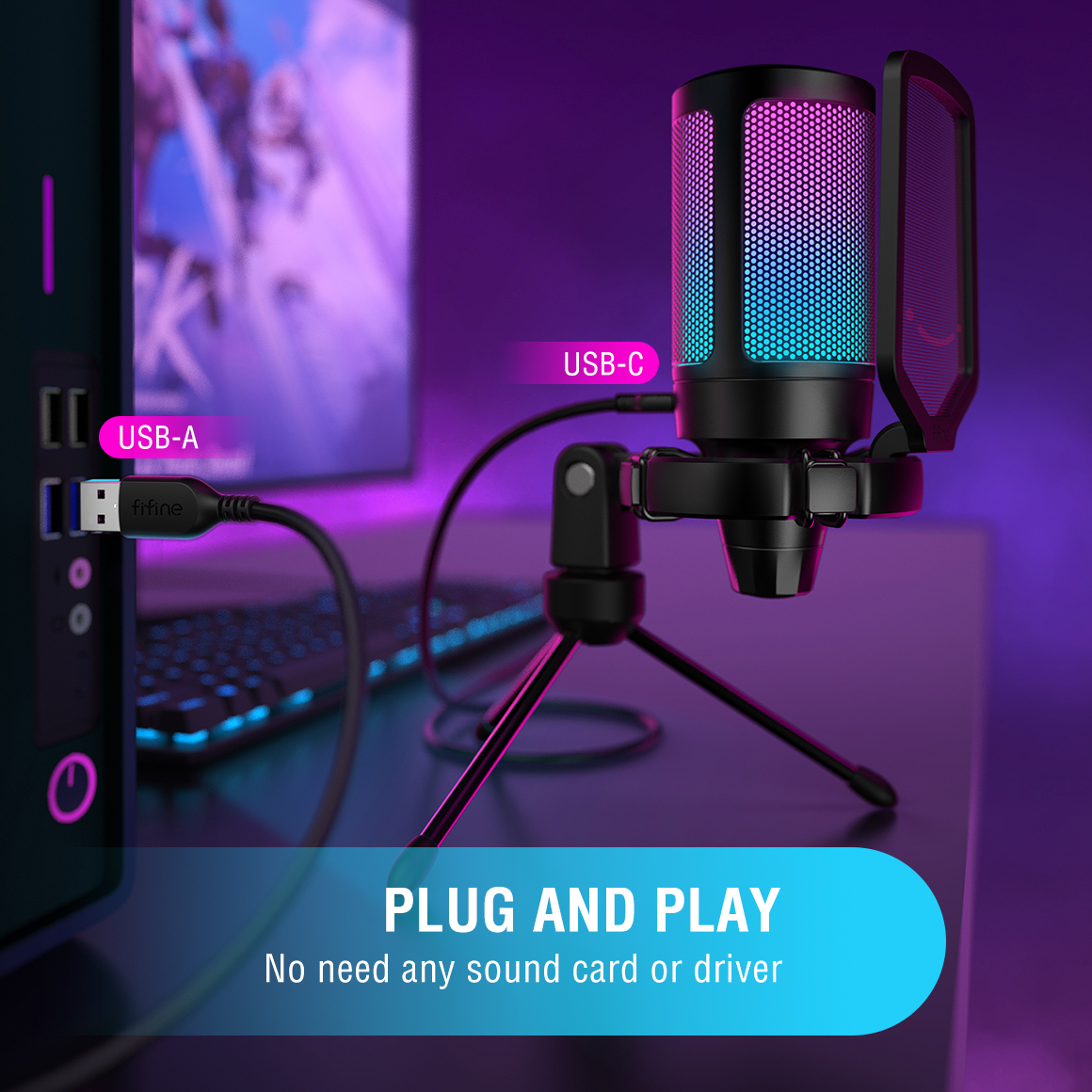 Ampligame USB Microphone for Gaming Streaming with Pop Filter Shock Mount&Gain Control,Condenser Mic for Laptop/Computer