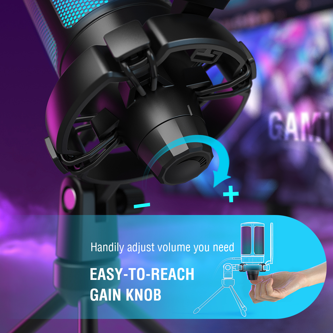 Ampligame USB Microphone for Gaming Streaming with Pop Filter Shock Mount&Gain Control,Condenser Mic for Laptop/Computer