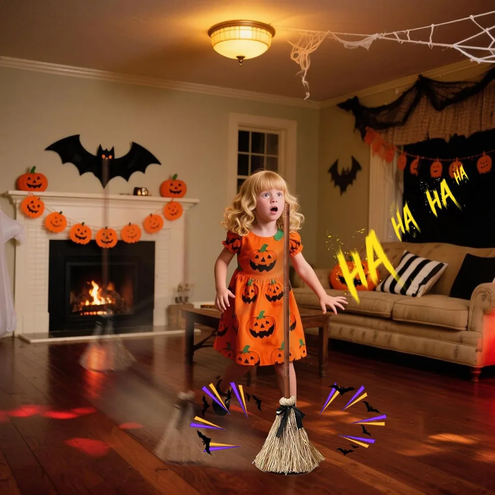Animated Floating Lighted Witch Broom with Spooky Sound/Mute Mode – Dancing Magic Broom for Home Party Decorations Animated Floating Lighted Witch Broom with Spooky Sound/Mute Mode – Dancing Magic Broom for Home Party Decorations